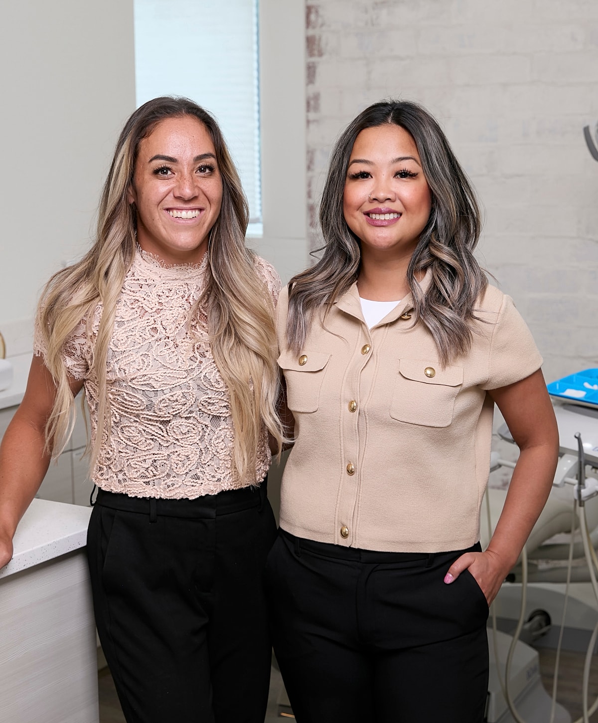 Modern dental office interior with examination chair.