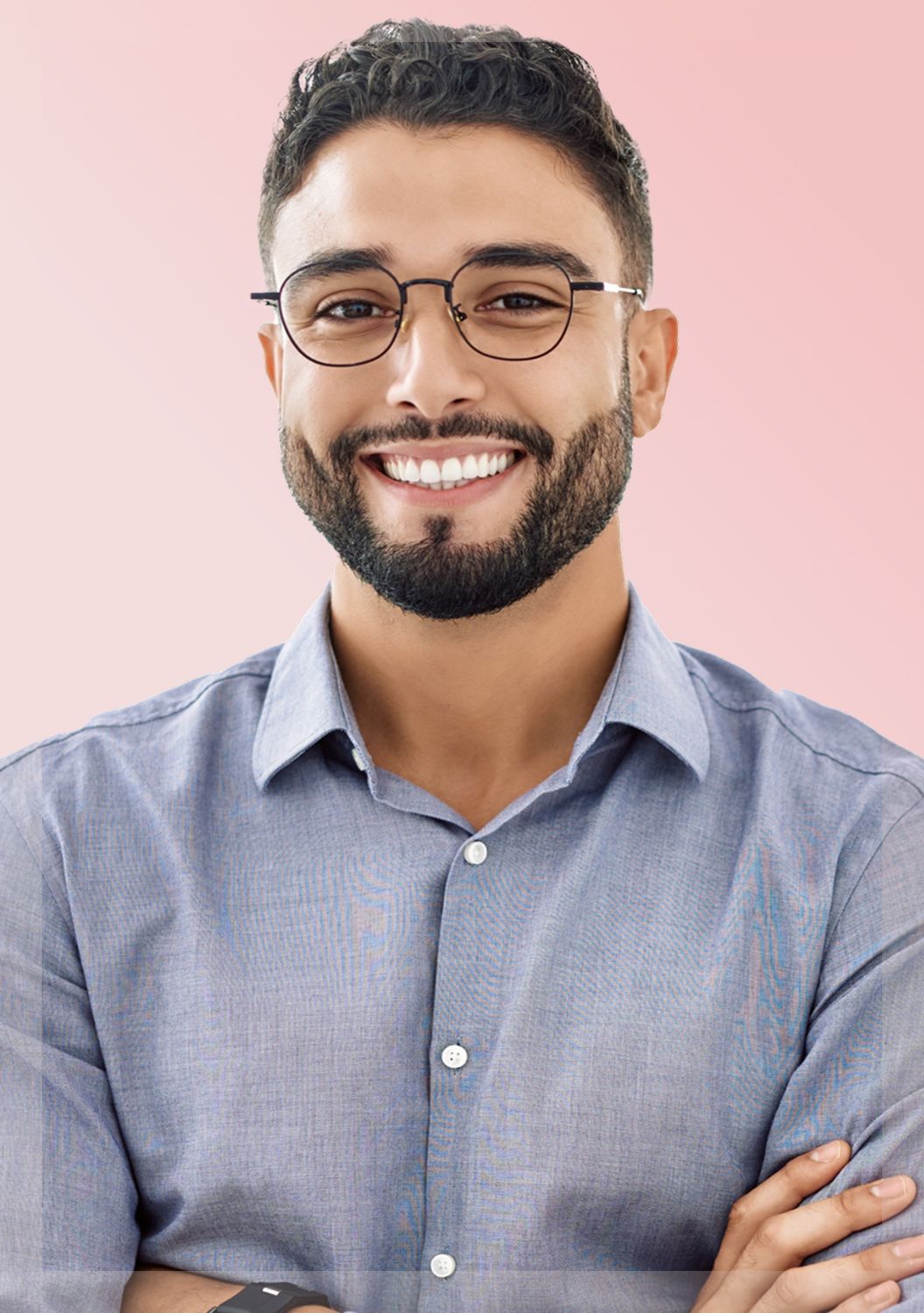 Smiling woman with curly hair contemplating an idea.