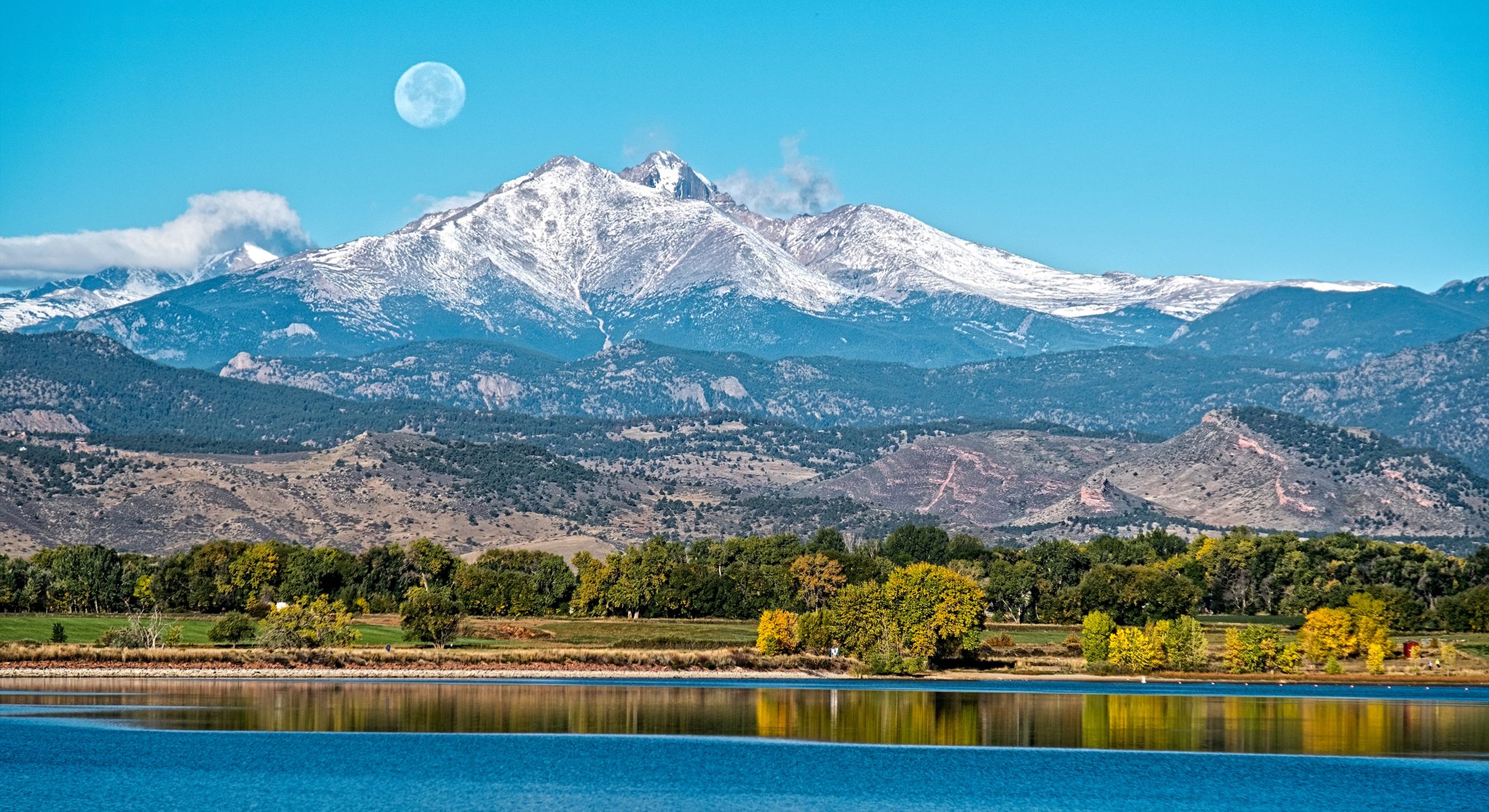 Snowy mountains reflecting in calm blue lake.
